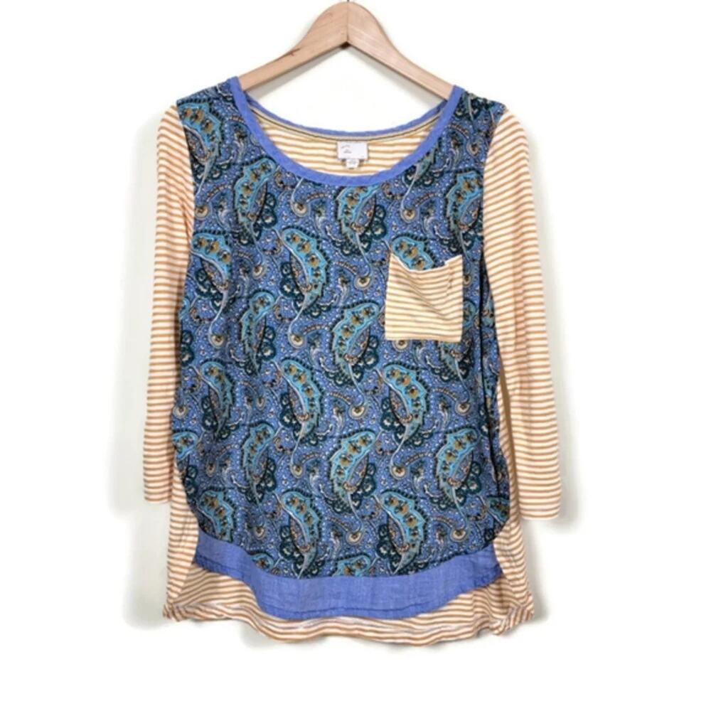 Anthropologie Mixed Print Boho Top Women Size M Blue Yellow Colorblock Blouse